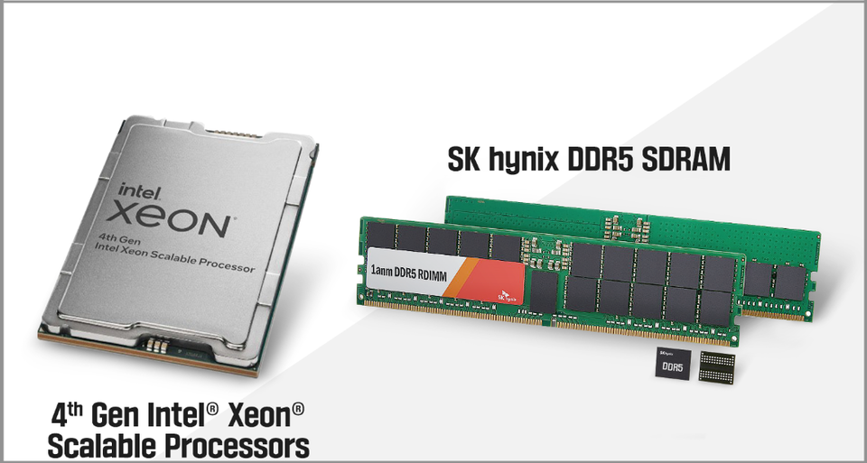 ▲ 인텔 4세대 제온 스케일러블 프로세서(왼쪽)와 SK하이닉스 DDR5 서버용 D램. ⓒ SK하이닉스 뉴스룸