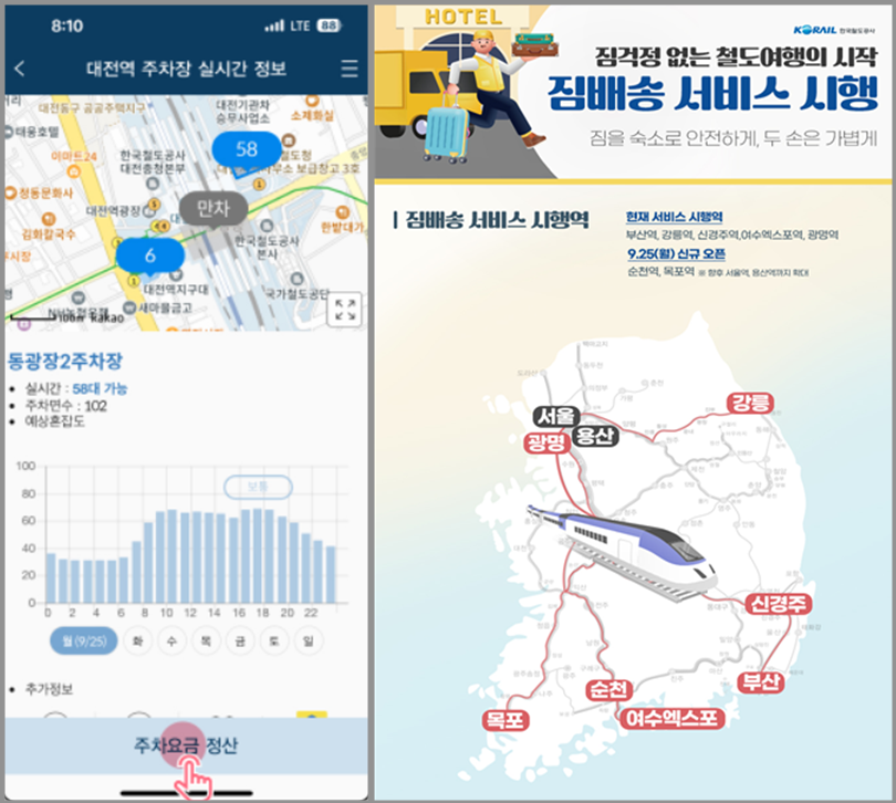 ▲ 국토교통부가 한국철도공사(korail) 주차장의 주차요금을 사전정산할 수 있는 모바일 예매 앱 코레일톡(왼쪽)과 짐 배송 서비스를 운영한다. ⓒ 국토부