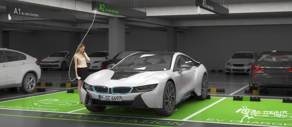▲ LG유플러스와 한화 건설부문이 공동 개발한 천장형 전기차 충전시스템 가상도. ⓒ LG유플러스