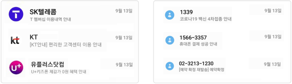 ▲ 브랜드 정보가 등록된 경우(왼쪽)은 고객에게 프로필 이미지와 브랜드명이 노출되고 등록 정보가 없는 경우(오른쪽)는 저장되지 않은 연락처로 번호 정보만 노출된다. ⓒ SK텔레콤