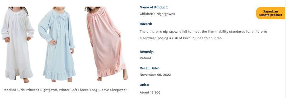 ▲ 중국 업체 iMOONZZZ의 아동 잠옷 제품이 가연성 기준 미달로 전량 리콜조치됐다. ⓒ 미국 소비자제품안전위원회 홈페이지 캡처