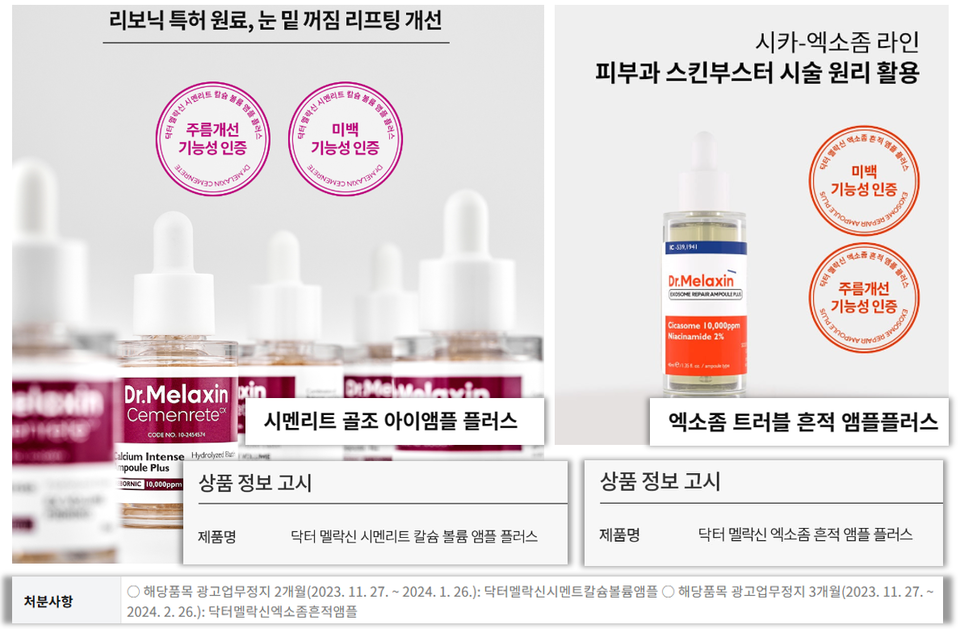 ▲  브랜드501의 기능성 더마 화장품 브랜드 닥터멜락신(DR.MELAXIN)의 일부 제품이 부당광고를 진행하다 식품의약품안전처에 적발돼 광고업무정지 행정처분을 받았다. ⓒ 닥터멜락신