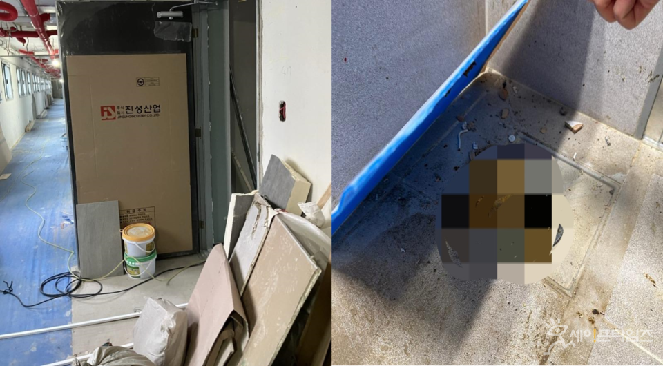 ▲ 세종시 신축 아파트 리첸시아 파밀리에의 공사가 진행되다 만 모습(왼쪽)과 인분이 발견된 하수구의 모습. ⓒ 보배드림 캡쳐
