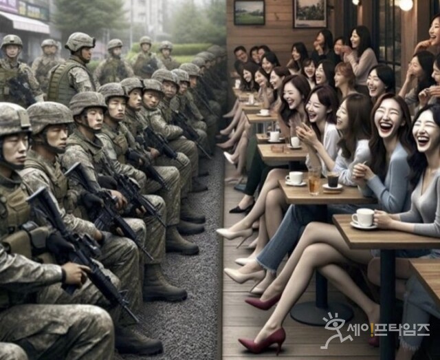 ▲ AI 가 남녀 젠더간 갈등을 그림 으로 표현한 것이다. 왼쪽에는 군인들이 무표정한 모습으로 앉아있고 오른쪽에는 까페와 강의실을 묘사한 곳에서 젊은 여성들이 즐기고있다. ⓒ 커뮤니티 캡처