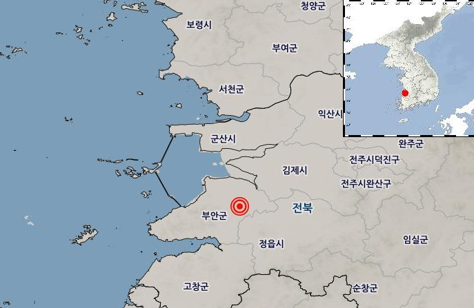 ▲ 기상청이 12일 오전 8시 26분 49초 전북 부안군 남남서쪽 4㎞ 지점에서 규모 4.8 지진이 발생했다고 밝혔다. ⓒ 기상청