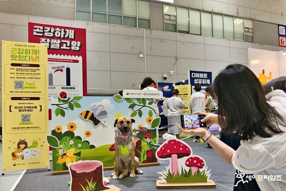 ▲ 2024 케이펫페어 축산물품질평가원 곤충산업 홍보부스에서 방문객이 반려동물과 사진인증 이벤트에 참여하고 있다. ⓒ 축평원