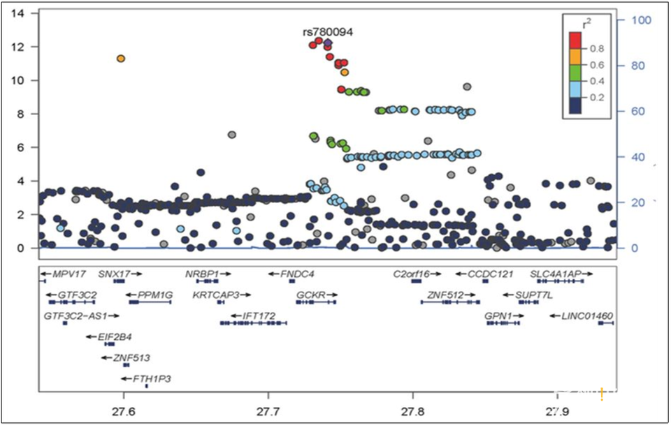 ▲ 염기서열 100만개를 분석한 결과 여러 유전자변이 중 rs780094가 그래프 상단에 위치하며 대사이상 연관 지방간질환과 높은 연관성을 보이고 있다. ⓒ 세브란스병원
