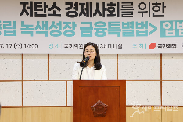 ▲ 김소희 의원이 '저탄소 경제사회를 위한 탄소중립 녹색성장 금융특별법 입법토론회'에서 발언하고 있다. ⓒ 김소희 의원실