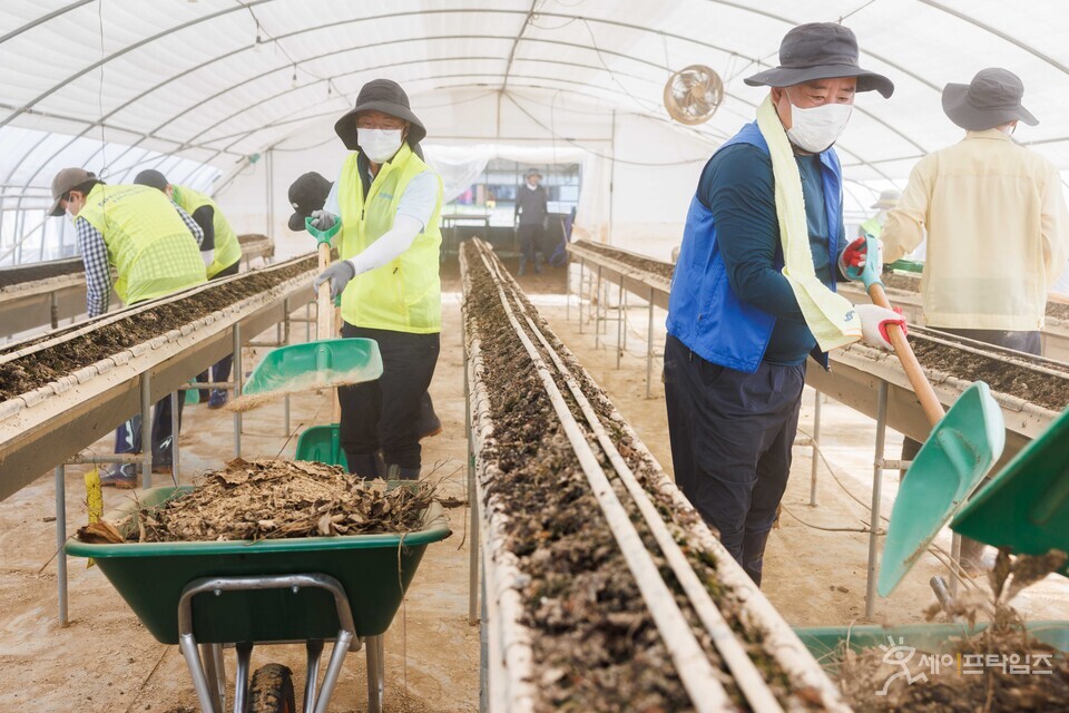 ▲ 충남 당진시 호우피해 농가를 방문한 이석용 농협은행장(가운데 좌측), 어기구 농해수위 위원장(가운데 우측)이 수해복구활동을 하고 있다. ⓒ 농협은행