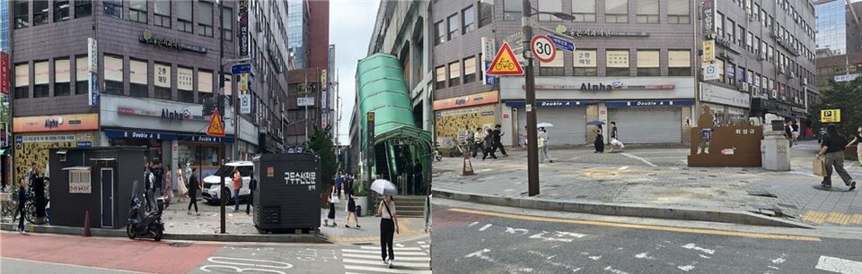 ▲ 서울시 성수역 3번 출구 앞 보도상영업시설물과 거리가게 이전을 완료했다. ⓒ 성동구