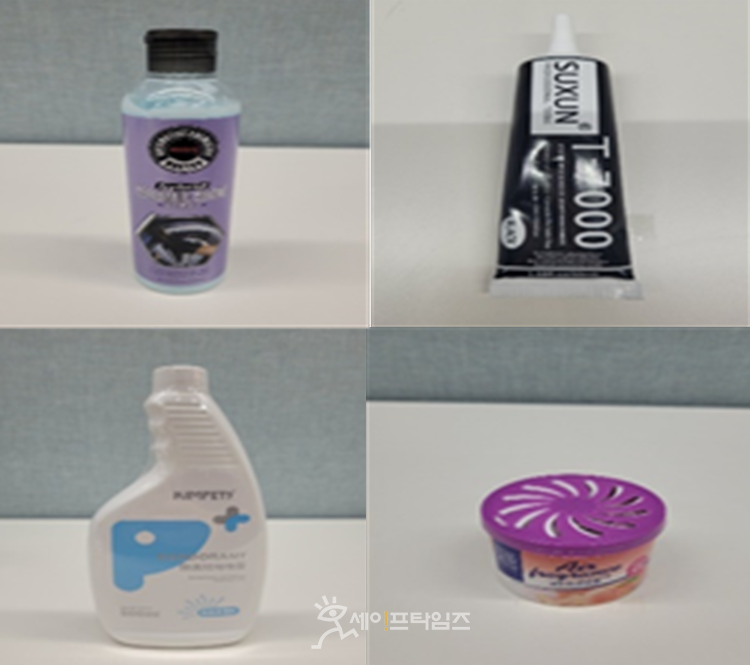 ▲ 알리익스프레스 코팅제(윗줄 왼쪽)와 테무 탈취제·방향제(아랫줄)에서 생활화학제품 함유금지물질이 검출됐다. 알리익스프레스 접착제(윗줄 오른쪽)에서는 톨루엔이 36만1753ppm이 검출됐다. ⓒ 환경부