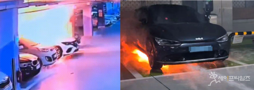 ▲ 인천 서구 청라 아파트 벤츠 EQE350 전기차(왼쪽)와 충남 금산 지역 기아E EV6 전기차에 화재가 일어나고 있다. ⓒ 인천 청라 아파트 CCTV·금산소방서