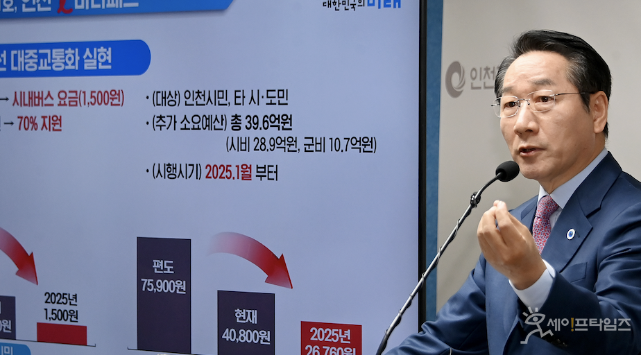 ▲ 유정복 시장이 인천 보물섬 프로젝트 제1호 '인천 i 바다패스', 인천형 저출생 정책 제3호 'i 플러스 차비 드림' 발표 기자회견을 하고 있다. ⓒ 인천시