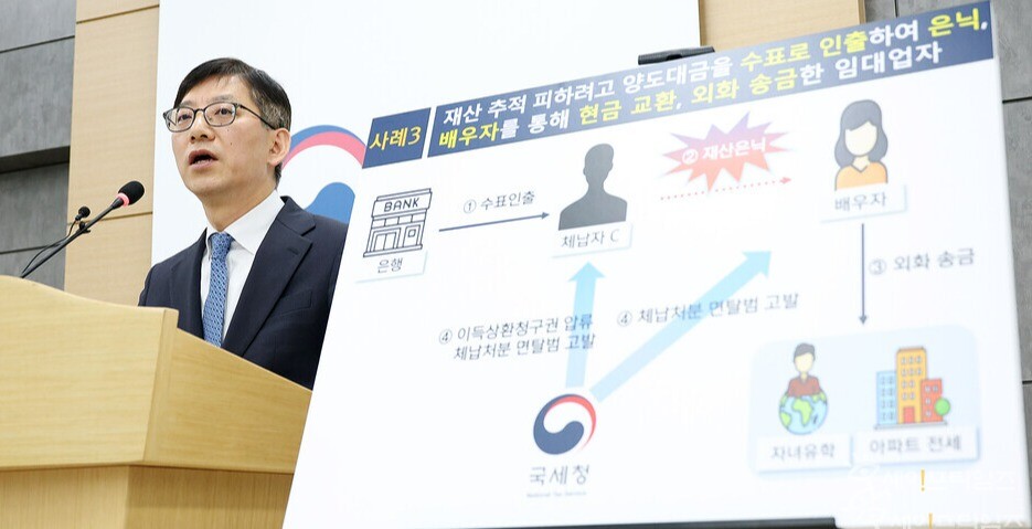 ▲ 국세청 안덕수 국장이 지능적 수법으로 세금 납부를 회피한 고액 체납자에 대한 조사결과를 발표하고 있다. ⓒ 국세청 