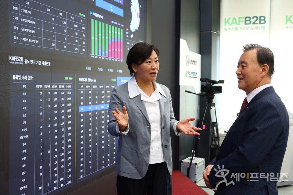▲송미령 농림축산식품부 장관(왼쪽)이 홍문표 한국농수산식품유통공사장과 온라인도매시장 거래 상황판을 보고 있다. ⓒ 농식품부