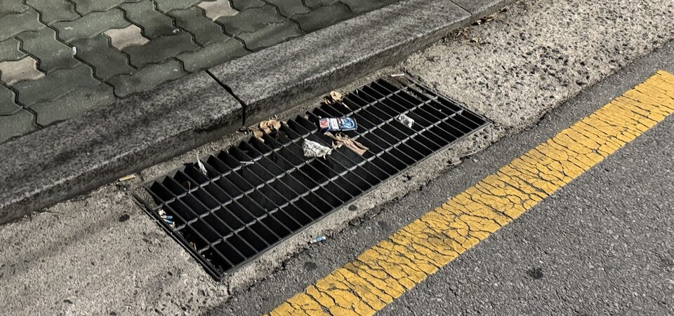 ▲ 하수구 위에 담배꽁초 등 쓰레기가 버려져 있다. ⓒ 손예림 기자 