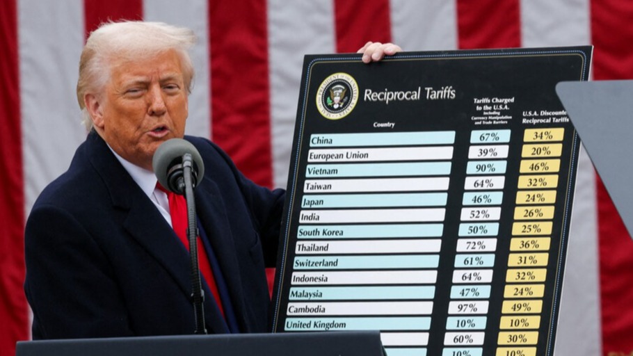 ▲ 도널드 트럼프 미국 대통령이 상호관세를 발표하며 국가별 적용 관세율을 공개하고 있다. ⓒ 로이터