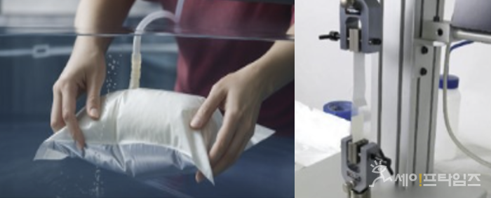 ▲ 식육추출가공품의 포장재 누설시험(왼쪽)과 유연 포장재의 밀봉 강도 검사. ⓒ 식약처