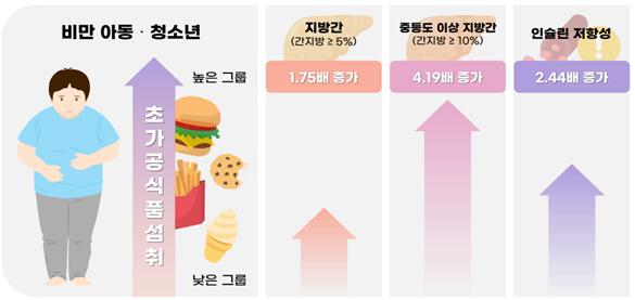 ▲ 초가공식품 섭취가 비만 아동·청소년에서 대사이상 위험도를 높인다는 연구 결과가 발표됐다. ⓒ 국립보건연구원