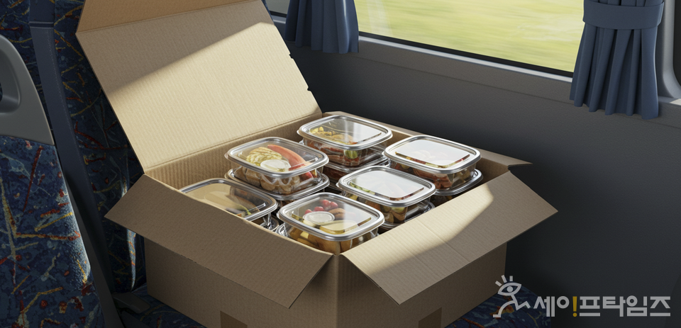 ▲ 일교차가 큰 초가을 관광버스 안 의자에 도시락이 가득 담긴 상자가 창가에 놓여있다. ⓒ 세이프타임즈