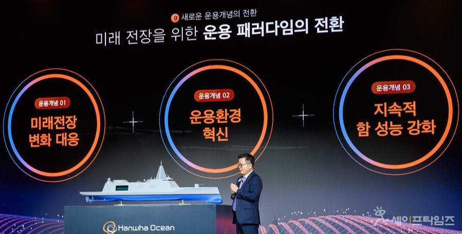 ▲한화오션 특수선사업부가 14일 개최한 '제3회 차세대 함정 기술 연구회'에서 어성철 사장(특수선사업부장)이 '차세대 전략 수상함' 모형을 공개하고 있다. ⓒ 한화오션