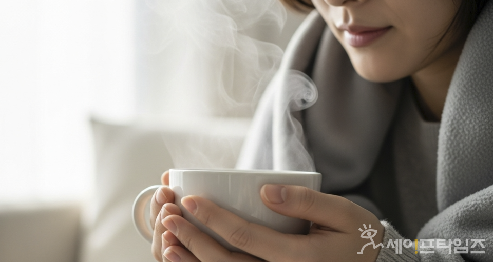 ▲ 감기에 도움이 되는 차를 마시고 있다. ⓒ 김미영 식품전문기자·영양사