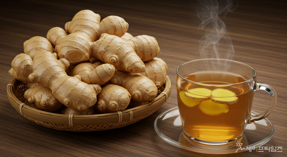 ▲ 감기에 좋은 생강과 생강차. ⓒ 김미영 식품전문기자·영양사