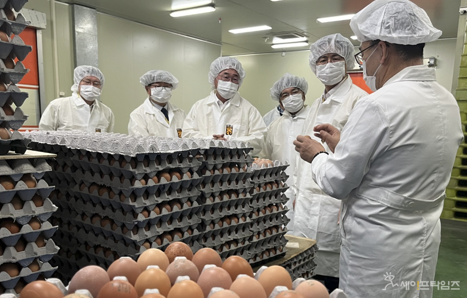 ▲ 강형석 농림축산식품부 차관과 김광용 행정안전부 재난안전관리본부장을 주축으로 조류인플루엔자 방역현장 합동점검 관계자들이 산란계 현황을 살펴보고 있다. ⓒ 농식품부