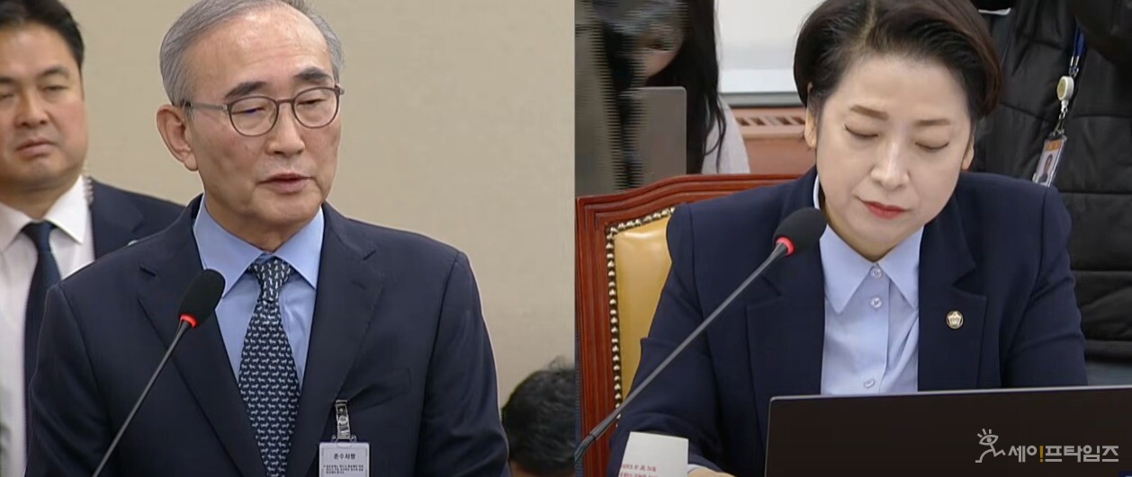 ▲ 김영섭 KT 대표(왼쪽)가 황정아 의원 질의에 답하고 있다. ⓒ 국회방송