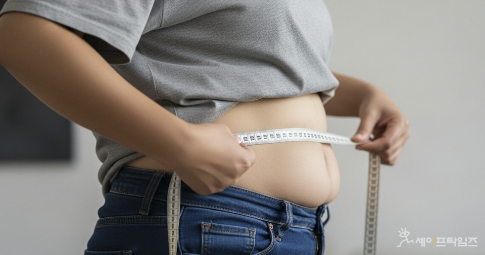 ▲ 비만인 사람이 허리둘레를 재고 있다. ⓒ 김미영 기자