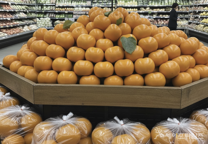 ▲ 마트 과일 진열대에 주황색 감이 수북이 쌓여 있다. ⓒ 김미영 식품전문기자·영양사