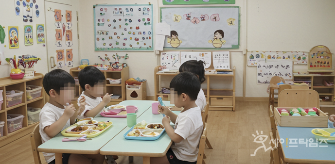 ▲ 어린이집 아이들이 급식을 먹고 있다. ⓒ 김미영 기자