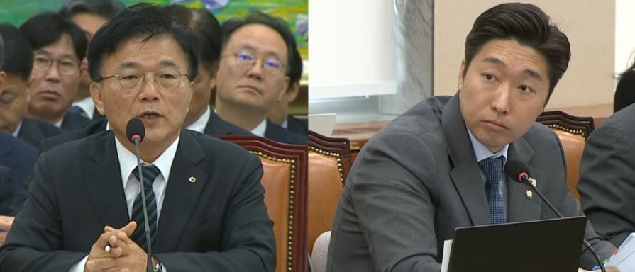 ▲ 박상진 산업은행 회장(왼쪽)이 20일 국회 정무위원회 국정감사에서 명륜당 불법대부업 의혹 관련 더불어민주당 김용만 의원의 질의에 답변하고 있다. ⓒ 국회방송