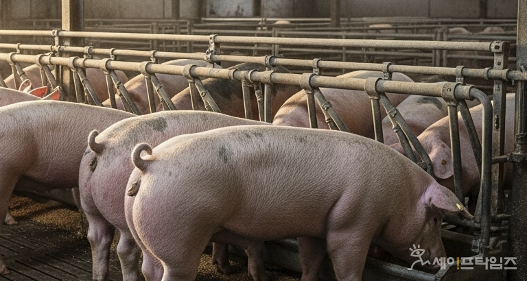▲ 돼지들이 농장에서 먹이를 먹고 있다. ⓒ 김미영 기자